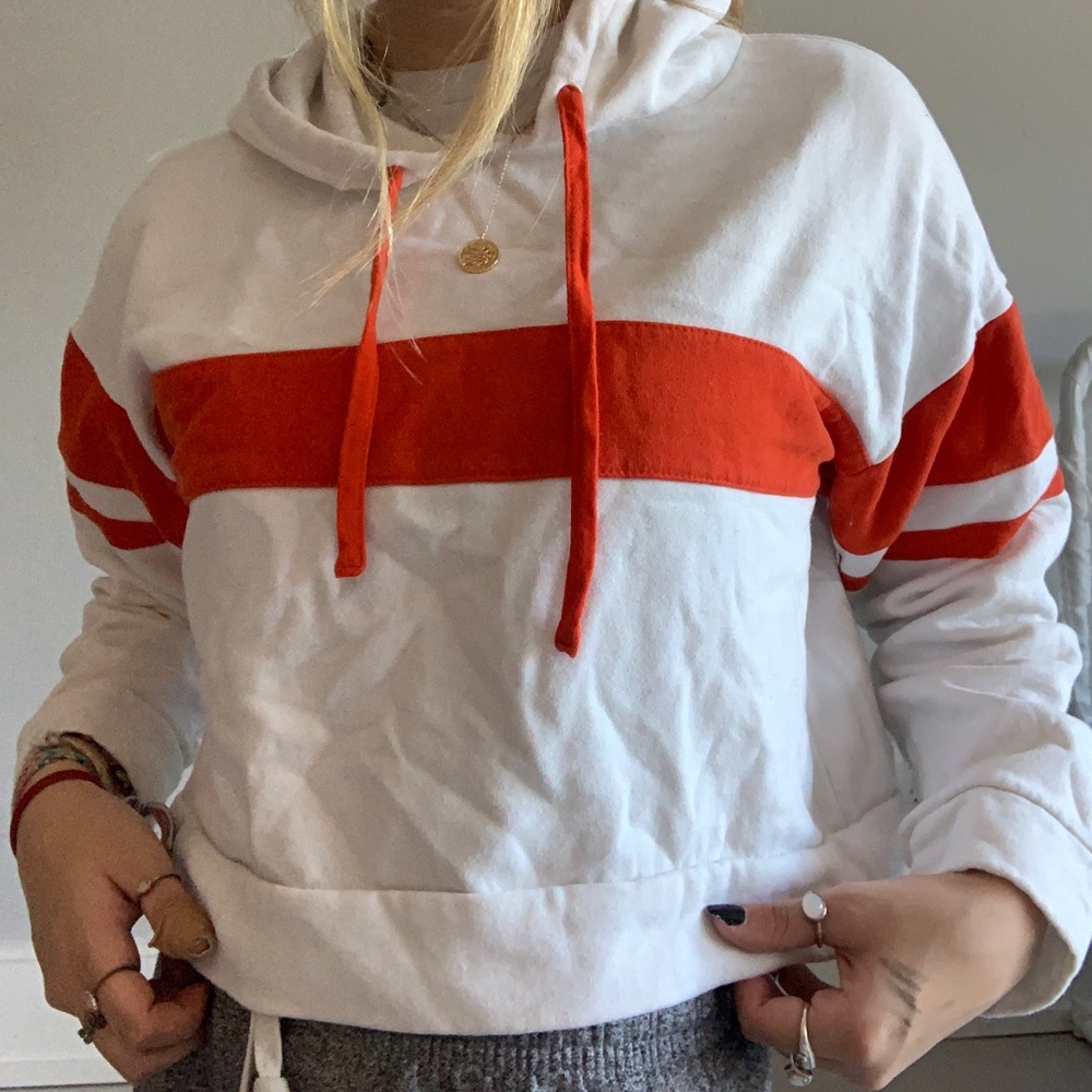 Striped white and red cropped hoodie
